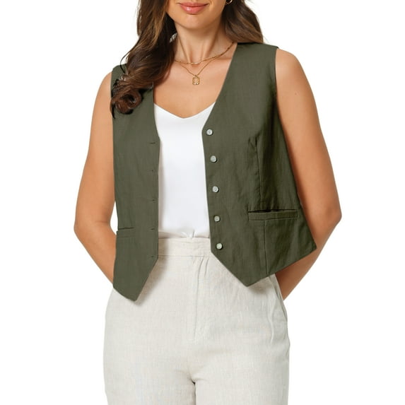 INSPIRE CHIC Women's Linen Vest Sleeveless Button Down V Neck Formal Work Waistcoat XL Olive Green