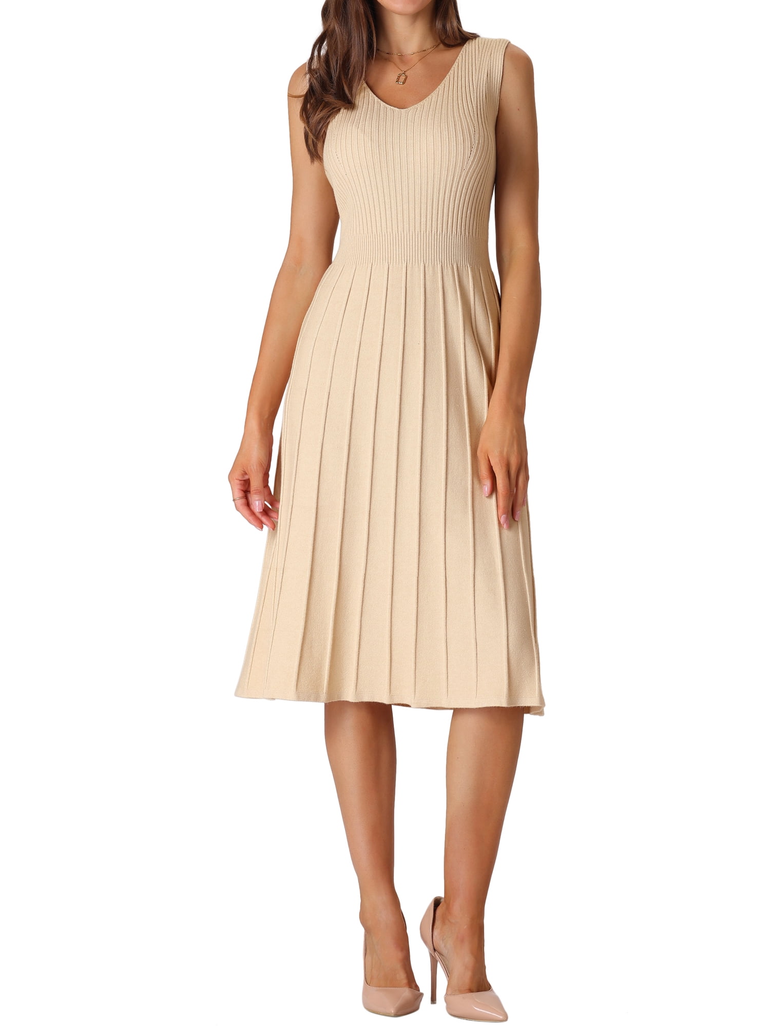 INSPIRE CHIC Women's Midi Dress V Neck Sleeveless Knitted Pleated Dress 2XL Beige - Walmart Business Supplies INSPIRE CHIC Women's Midi Dress V Neck Sleeveless Knitted Pleated Dress 2XL Beige - Walmart Business Supplies
