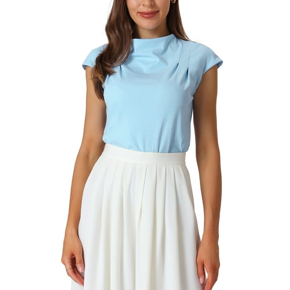 INSPIRE CHIC Women's Mock Neck Blouse Basic Cap Sleeve Knitted Tops XL Sky Blue