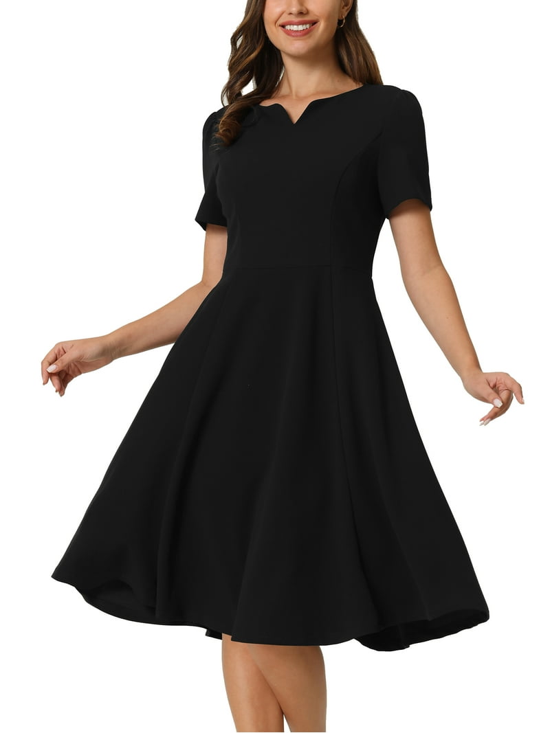 navy blue dress for baby girl INSPIRE CHIC Women's Office Dresses Split Neck Short Sleeve Work A-Line  Dress