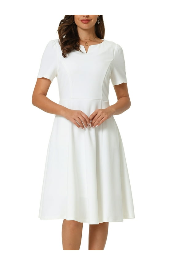 Women's Office Dresses Split Neck Short Sleeve Work A-Line Dress