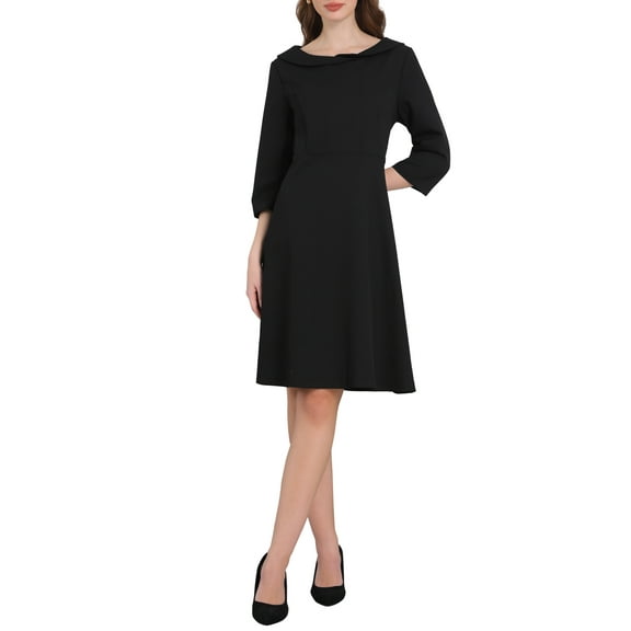 INSPIRE CHIC Women's Peter Pan Collar Dress 3/4 Sleeve A Line Elegant Wear to Work Dresses M Black