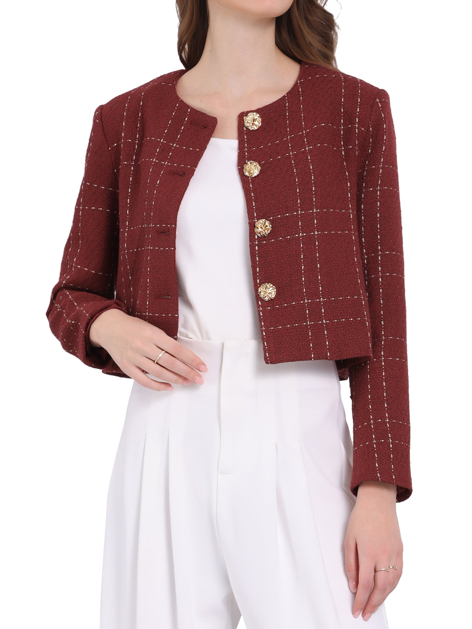 INSPIRE CHIC Women's Plaid Collarless Button Front Crop Tweed
