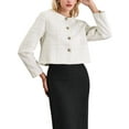 thumbnail image 1 of INSPIRE CHIC Women's Plaid Collarless Button Front Crop Tweed Blazer Jacket L Beige White, 1 of 3