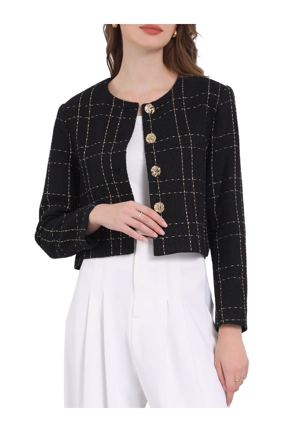 Women's Plaid Collarless Button Front Crop Tweed Blazer Jacket S Black