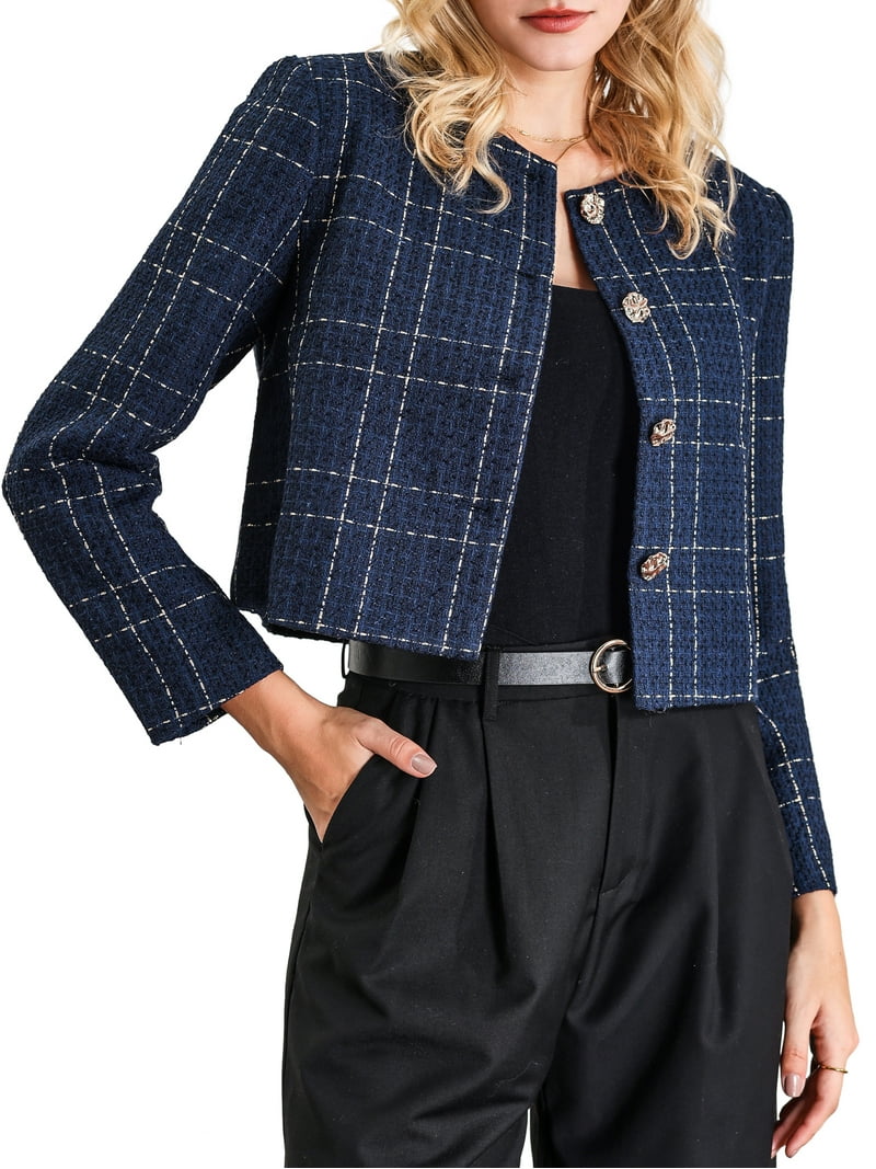 INSPIRE CHIC Women's Plaid Collarless Button Front Crop Tweed