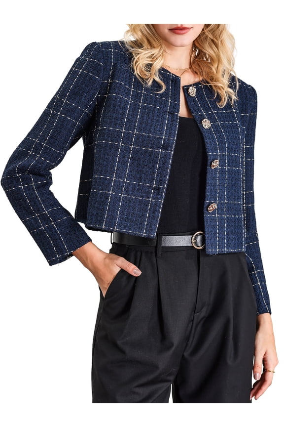 Women's Plaid Collarless Button Front Crop Tweed Blazer Jacket S Dark Blue
