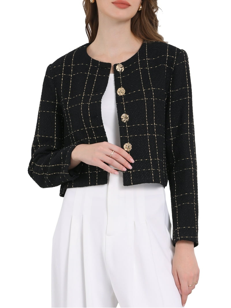 INSPIRE CHIC Women's Plaid Collarless Button Front Crop Tweed