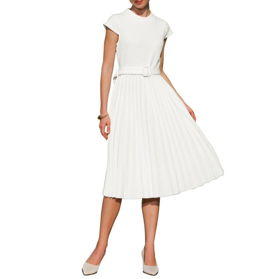 INSPIRE CHIC Women's Pleated Dress Mock Neck Cap Sleeve Belted A-Line Dresses M White