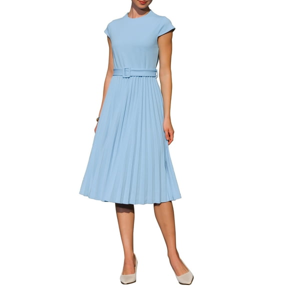 INSPIRE CHIC Women's Pleated Dress Mock Neck Cap Sleeve Belted A-Line Dresses XL Light Blue