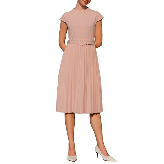 INSPIRE CHIC Women's Pleated Dress Mock Neck Cap Sleeve Belted A-Line Dresses XL Pink