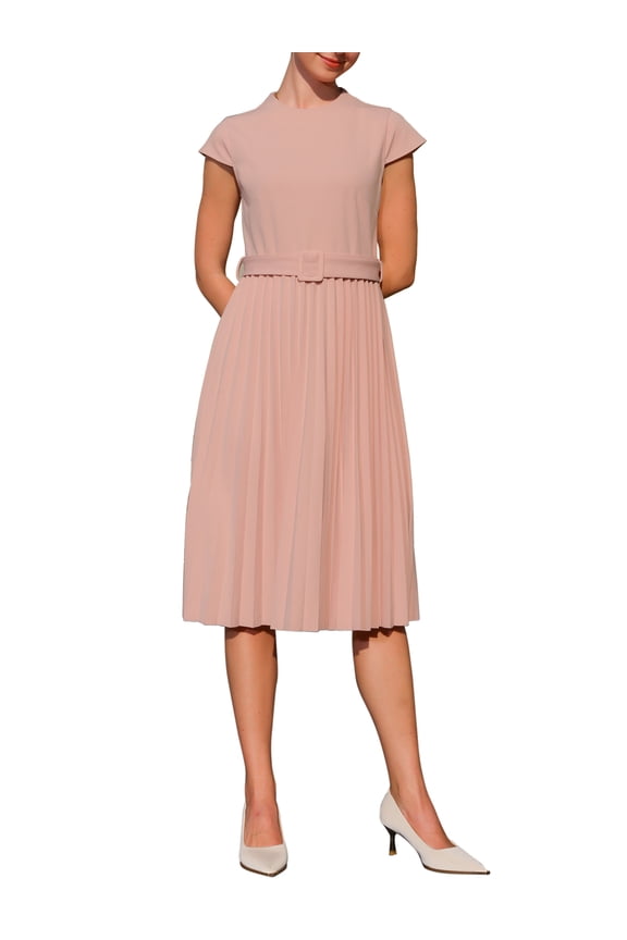 Women's Pleated Dress Mock Neck Cap Sleeve Belted A-Line Dresses XL Pink