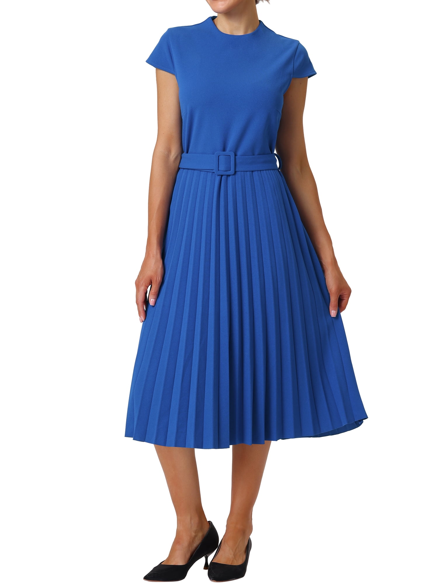 Women's Pleated Fit And Flare Midi Dress - Work Appropriate, A-Line, Short Sleeve, Knee-Length