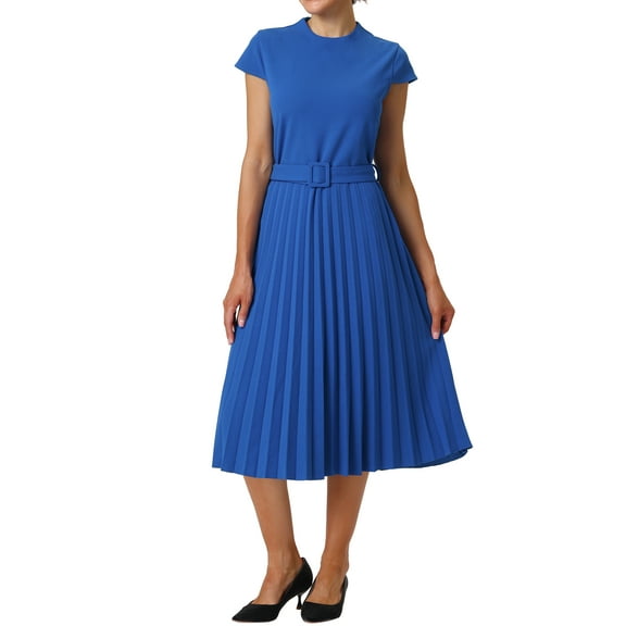 INSPIRE CHIC Women's Pleated Dress Mock Neck Cap Sleeve Belted A-Line Dresses XL Royal Blue
