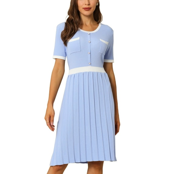 INSPIRE CHIC Women's Pleated Dress Short Sleeve Knitted Contrast Color Dress