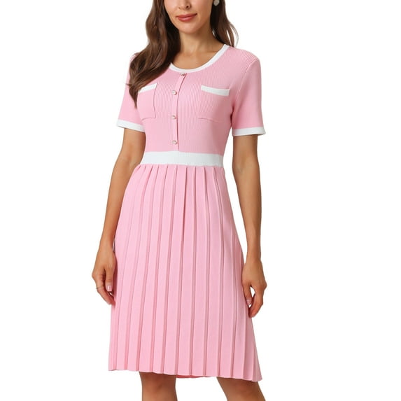 INSPIRE CHIC Women's Pleated Dress Short Sleeve Knitted Contrast Color Dress