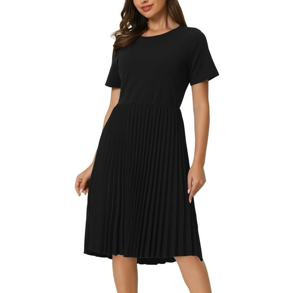 INSPIRE CHIC Women's Pleated Dress A-Line Short Sleeve Wear-to-Work Midi Dress S Black