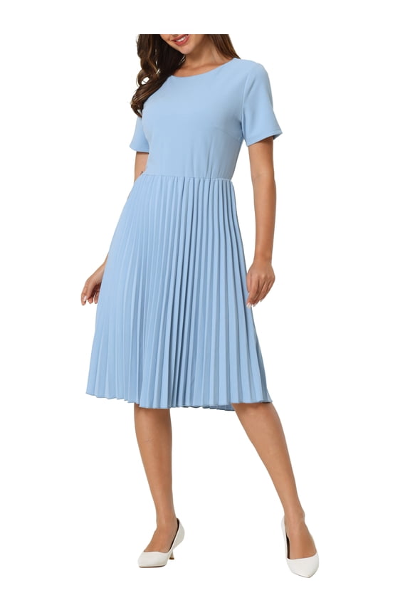 Women's Pleated Dress A-Line Short Sleeve Wear-to-Work Midi Dress S Blue