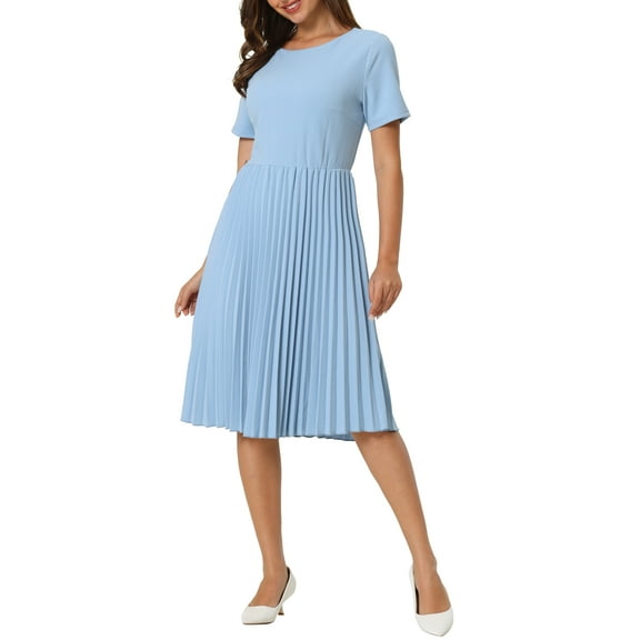 INSPIRE CHIC Women's Pleated Dress A-Line Short Sleeve Wear-to-Work Midi Dress 2XL Blue