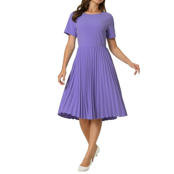 INSPIRE CHIC Women's Pleated Dress A-Line Short Sleeve Wear-to-Work Midi Dress XL Blue Purple