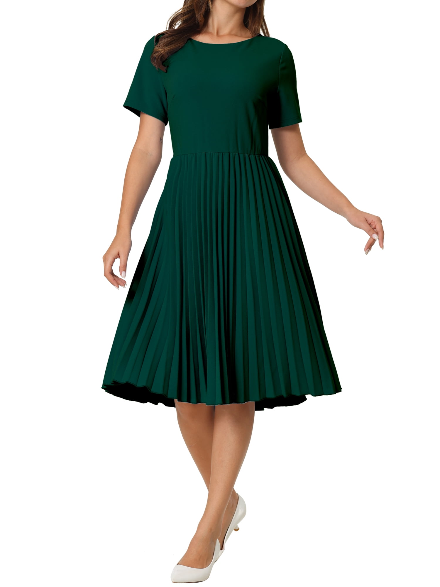 INSPIRE CHIC Women's Pleated Dresses Midi Short Sleeve Work A-Line Dress XL  Green - Walmart.com
