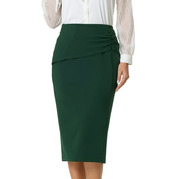 Hobemty Women's Ruched Slit Skirt Elegant High Waist Knee Length Office Pencil Skirts