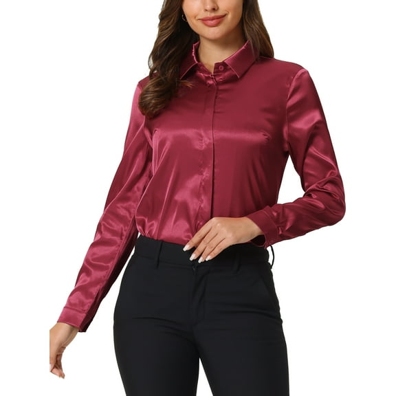 INSPIRE CHIC Women's Satin Blouse Long Sleeve Work Office Button Down Shirt Top 2XL Burgundy