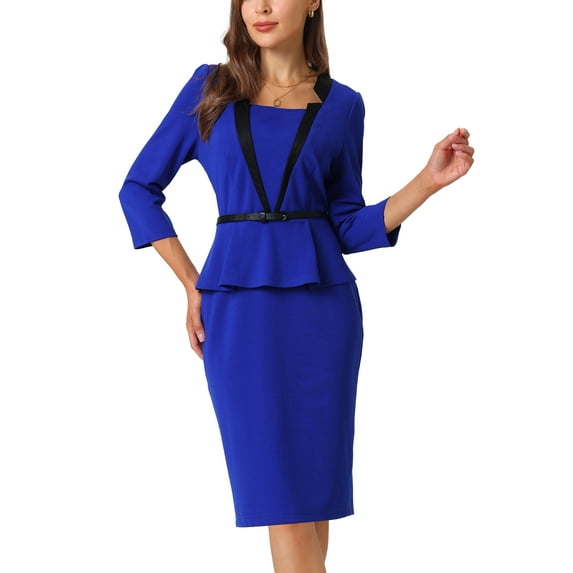 INSPIRE CHIC Women's Sheath Dress Notch Collar Work Peplum Pencil Dresses XL Royal Blue