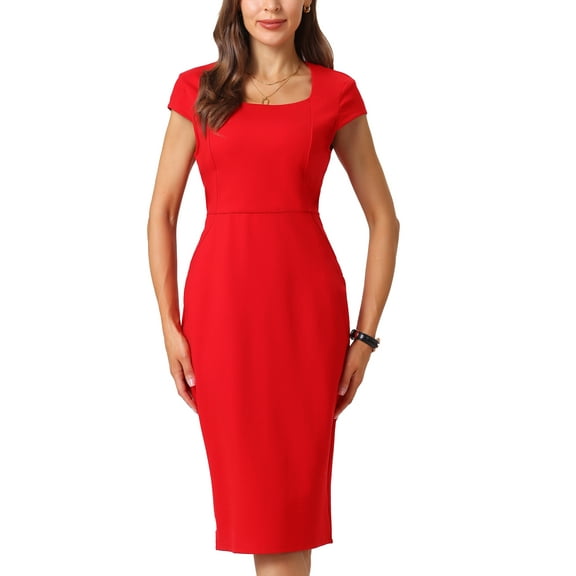 INSPIRE CHIC Women's Bodycon Pencil Dress Cap Sleeve Formal Work Knee Length Sheath Dresses L Red