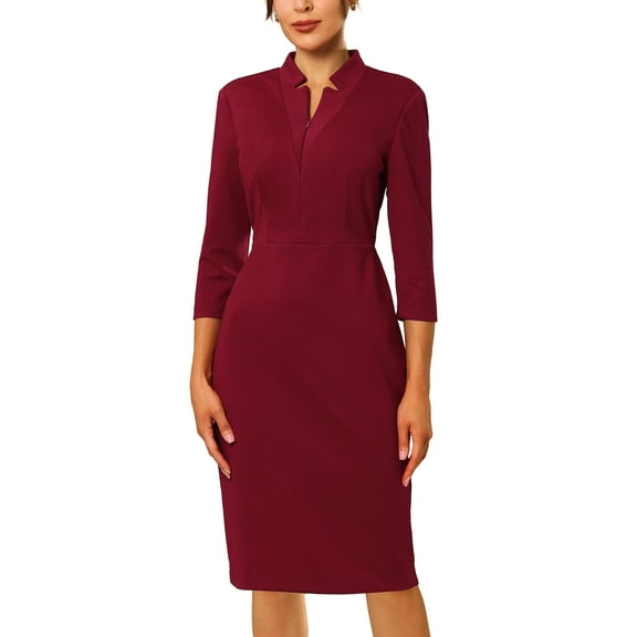 INSPIRE CHIC Women's Sheath Dress Zipper Collar Pencil Wear-to-Work Dress L Dark Red