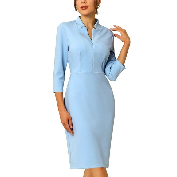 INSPIRE CHIC Women's Sheath Dress Zipper Collar Pencil Wear-to-Work Dress M Blue