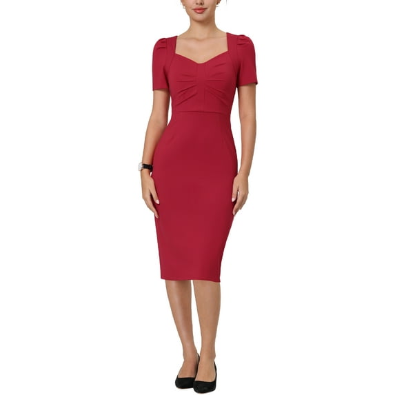 INSPIRE CHIC Women's Sheath Dress Sweetheart Neck Puff Short Sleeve Vintage Pencil Wear-to-Work Midi Dress Red XX-Large