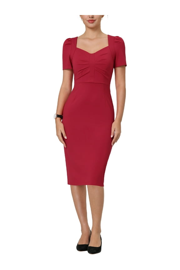 Women's Sheath Dress Sweetheart Neck Puff Short Sleeve Vintage Pencil Wear-to-Work Midi Dress Red XX-Large