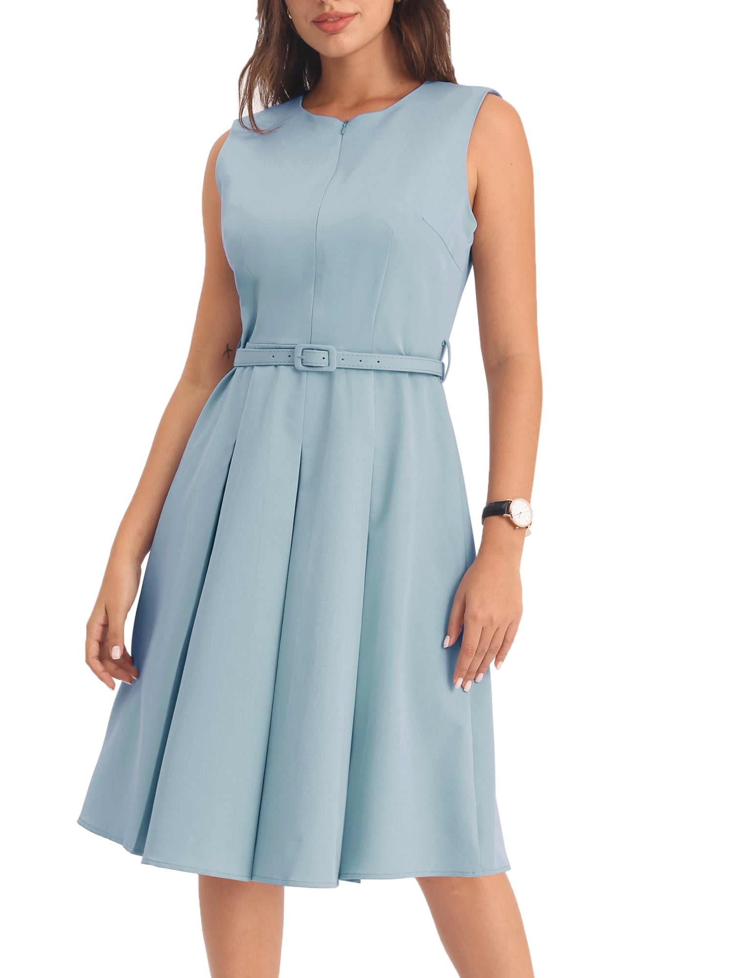 Inspire Chic Women's Sleeveless Dress Zip Up Belted Fit & Flare Wear-to-Work Midi Dresses L Grey Blue, Size: Large