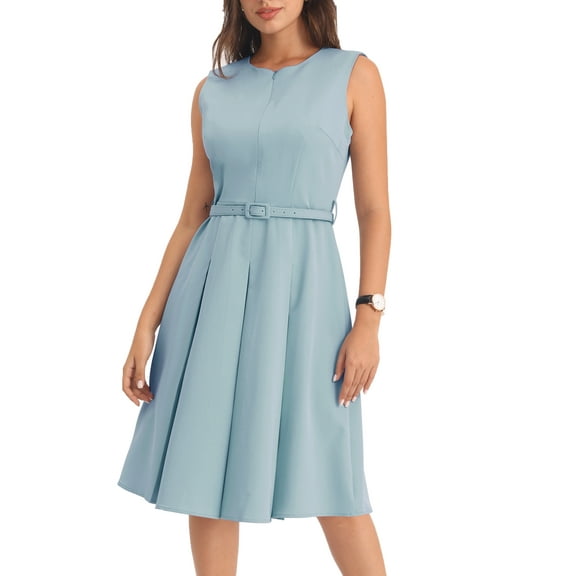 INSPIRE CHIC Women's Sleeveless Dress Zip Up Belted Fit & Flare Wear-to-Work Midi Dresses XL Grey Blue
