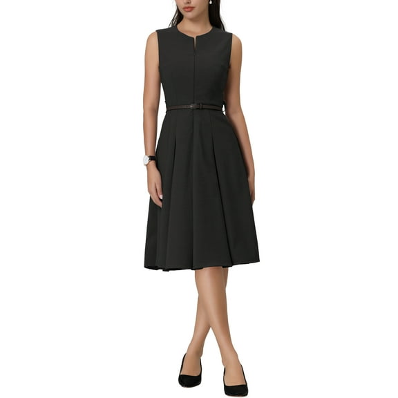 INSPIRE CHIC Women's Sleeveless Dress Zip Up Belted Fit & Flare Wear-to-Work Midi Dresses XL Black