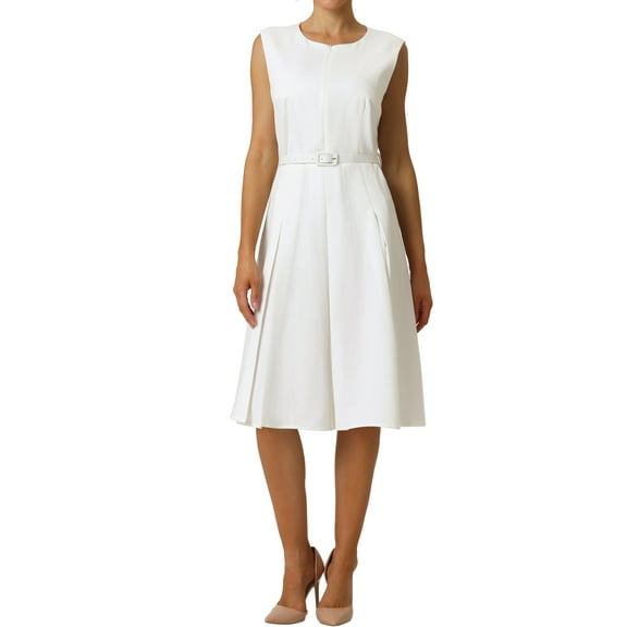 INSPIRE CHIC Women's Sleeveless Dress Zip Up Belted Fit & Flare Wear-to-Work Midi Dresses L White