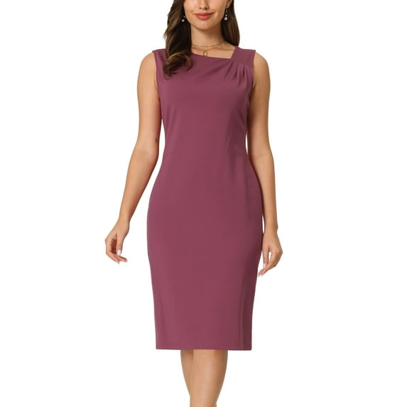 INSPIRE CHIC Women's Sleeveless Sheath Dress Asymmetrical Ruched Neck Wear to Work Pencil Dresses M Dark Pink