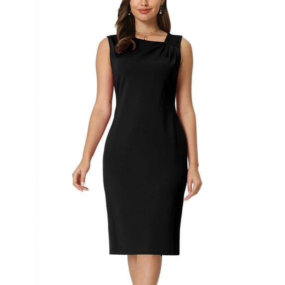 INSPIRE CHIC Women's Sleeveless Sheath Dress Asymmetrical Ruched Neck Wear to Work Pencil Dresses L Black