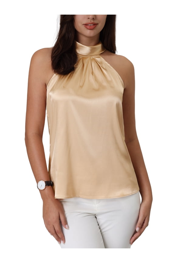 Women's Sleeveless Top Halter Neck Tie Back Satin Work Blouse M Beige