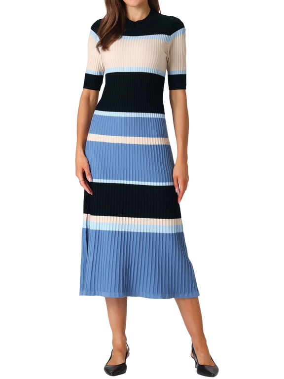 Women's Knit Striped Dresses Short Sleeve Midi Ribbed Sweater Dress L Blue
