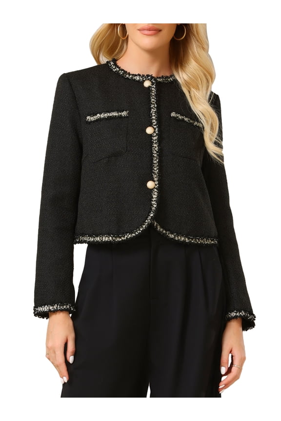Women's Tweed Blazer Long Sleeve 2024 Fall Winter Elegant Work Cropped Jacket S Black