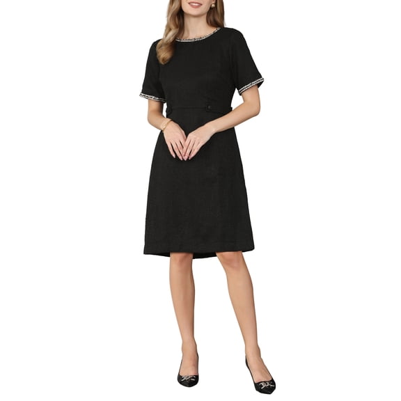 Hobemty Women's Tweed Dress Short Sleeve Crew Neck Elegant A-Line Dresses with Pocket S Black