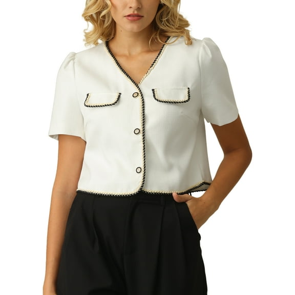 INSPIRE CHIC Women's Tweed Jacket Contrast Color Button Down Short Sleeve Work Office Blazer M White