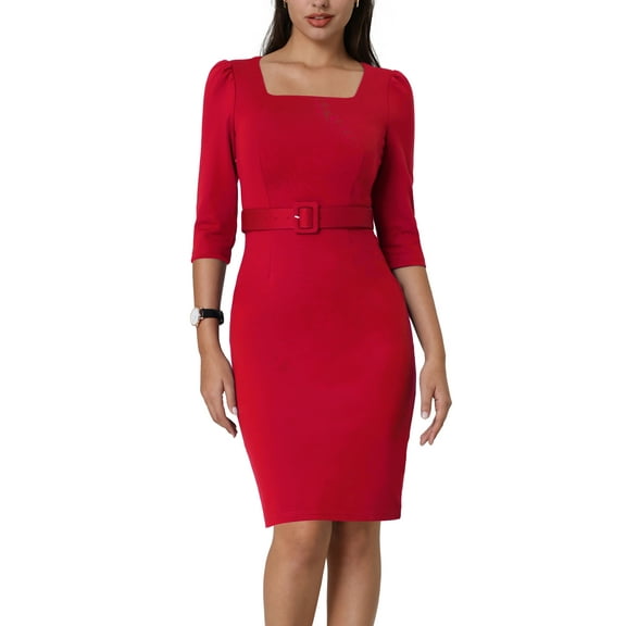 INSPIRE CHIC Women's Vintage Pencil Dress Square Neck Puff Sleeve Belted Dresses XL Red