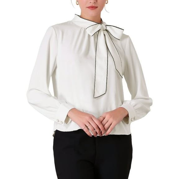 INSPIRE CHIC Women's Work Bowtie Long Sleeve Formal Bow Tie Blouse S White