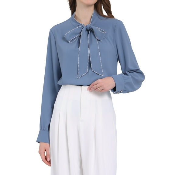 INSPIRE CHIC Women's Work Bowtie Long Sleeve Formal Bow Tie Blouse XL Dusty Blue