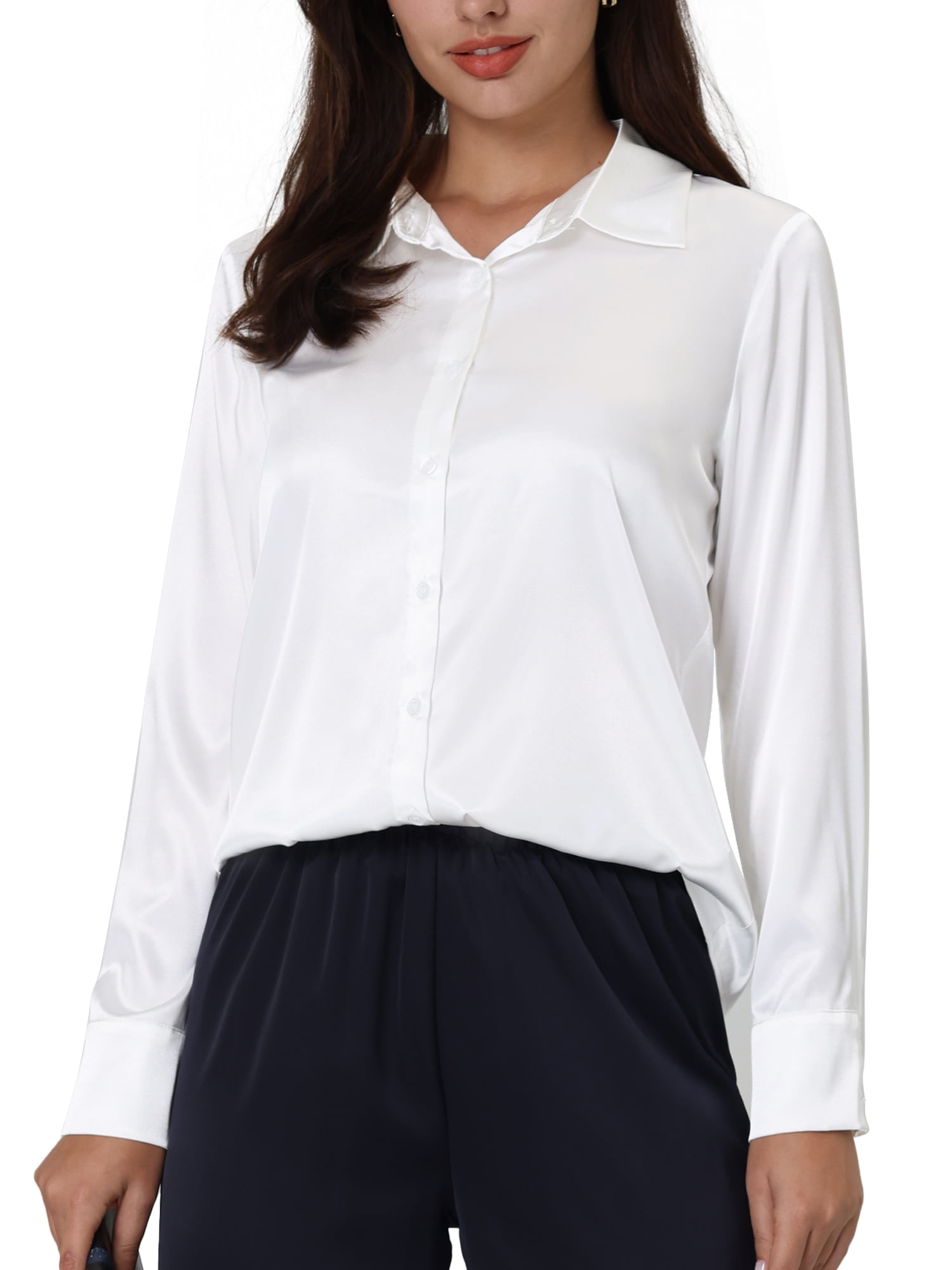 Satin Shirts Long Sleeve Turn Down Collar Elegant Office Ladies Workwear