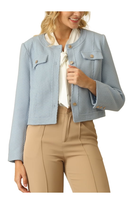 Women's Work Cropped Blazer Long Sleeve Elegant Tweed Jacket L Blue