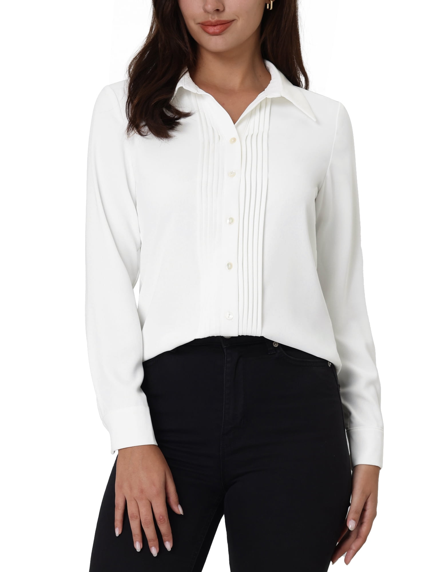 Hobemty Women's Work Shirt Long Sleeve Pleated Button Down Blouse ...